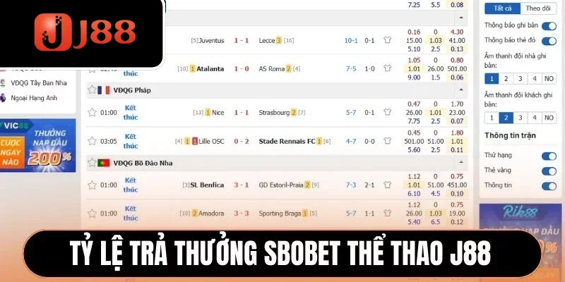 Tỷ lệ trả thưởng tại Sbobet thể thao J88